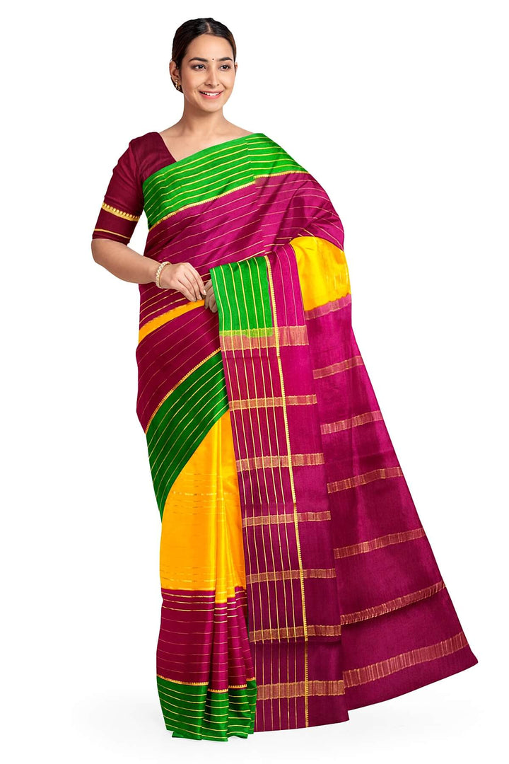 Mysore crepe pure silk saree in 3D ( green, purple & yellow)