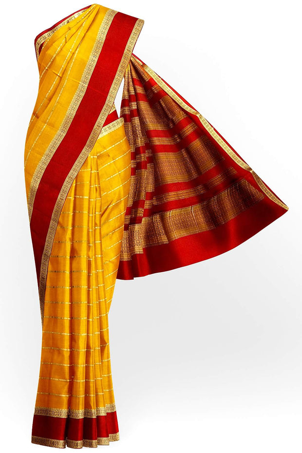Mysore crepe pure silk saree in yellow with stripes
