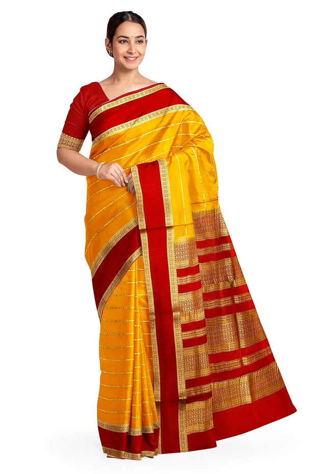 Mysore crepe pure silk saree in yellow with stripes