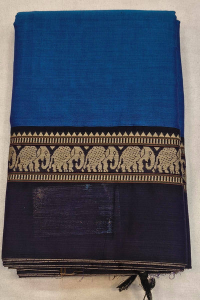 Narayanpet pure cotton saree in  copper sulphate blue  with elephant border