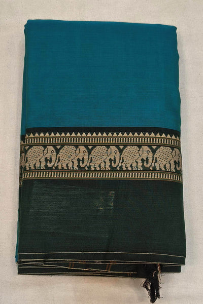 Narayanpet pure cotton saree in  teal blue  with elephant border