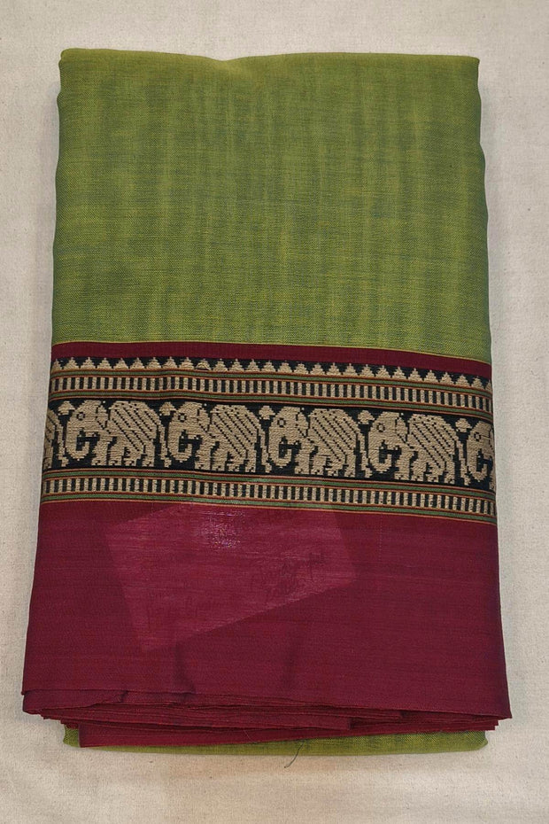 Narayanpet pure cotton saree in  pista green  with elephant border