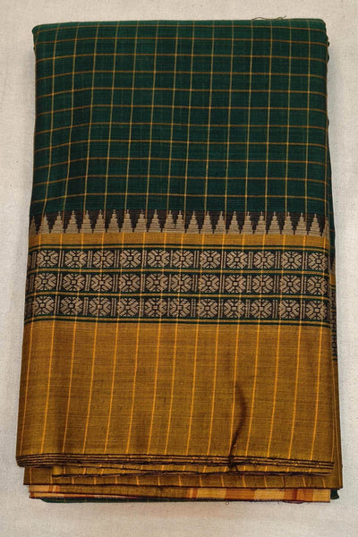 Narayanpet pure cotton saree in  checks in  bottle green with rudraksha border