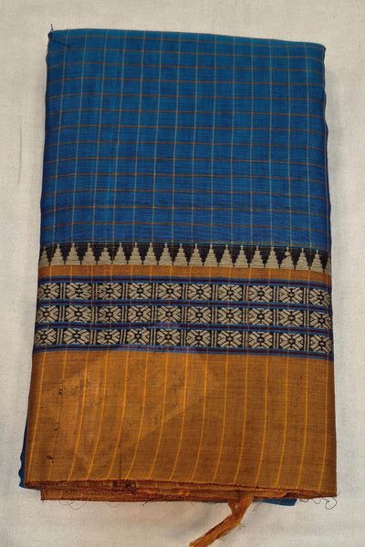 Narayanpet pure cotton saree in  checks in  blue with rudraksha border