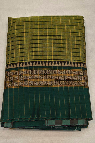 Narayanpet pure cotton saree in  checks in mehndi green with rudraksha border