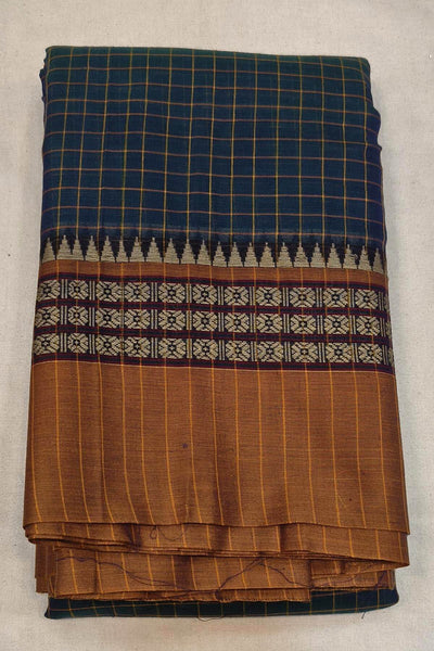 Narayanpet pure cotton saree in  checks in peacock blue with rudraksha border