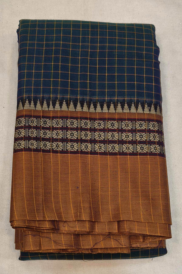 Narayanpet pure cotton saree in  checks in peacock blue with rudraksha border