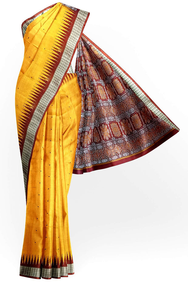 Handwoven Bomkai  pure silk saree in golden yellow