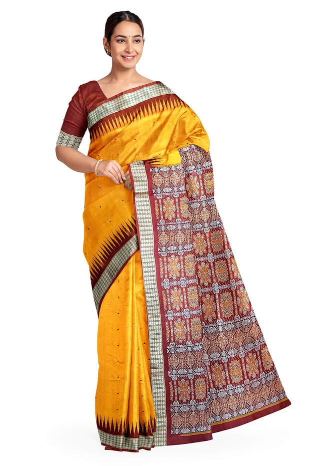 Handwoven Bomkai  pure silk saree in golden yellow