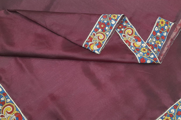 Wine colour pure silk organza saree with hand painted kalamkari border