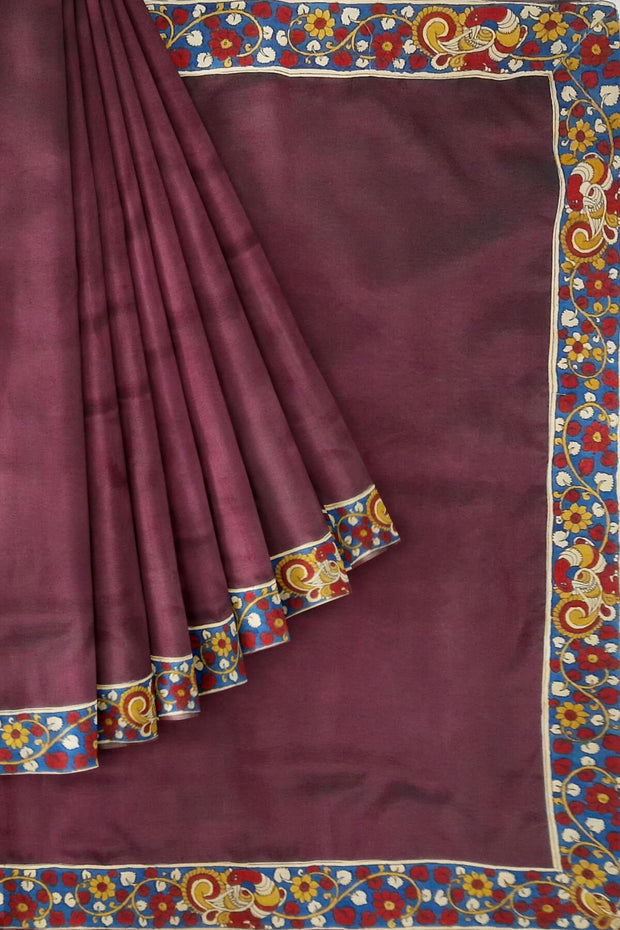 Wine colour pure silk organza saree with hand painted kalamkari border