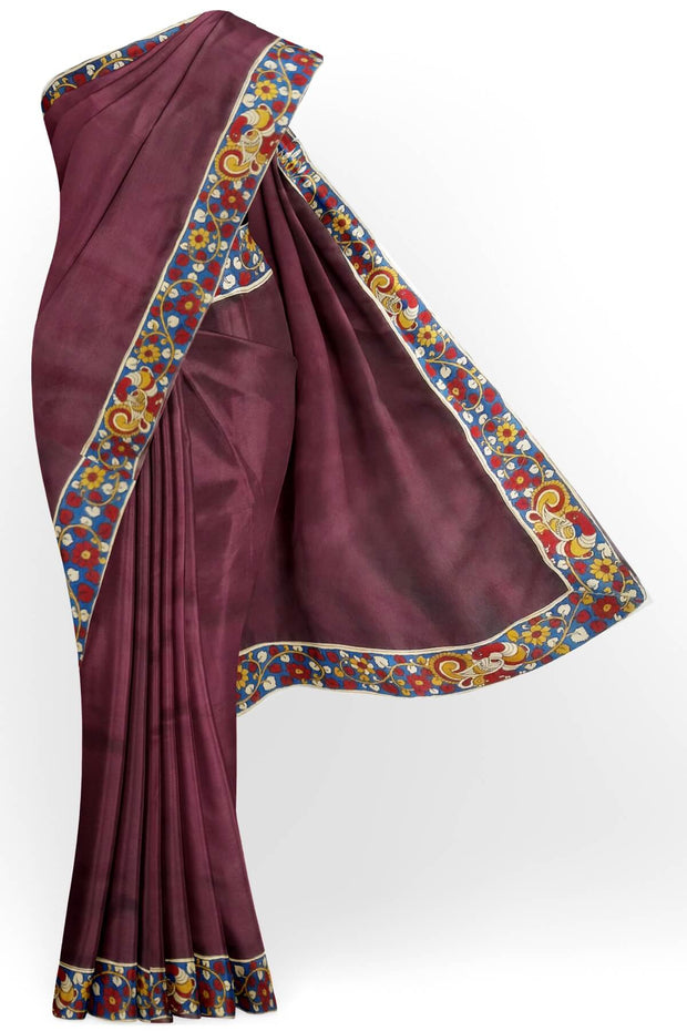 Wine colour pure silk organza saree with hand painted kalamkari border