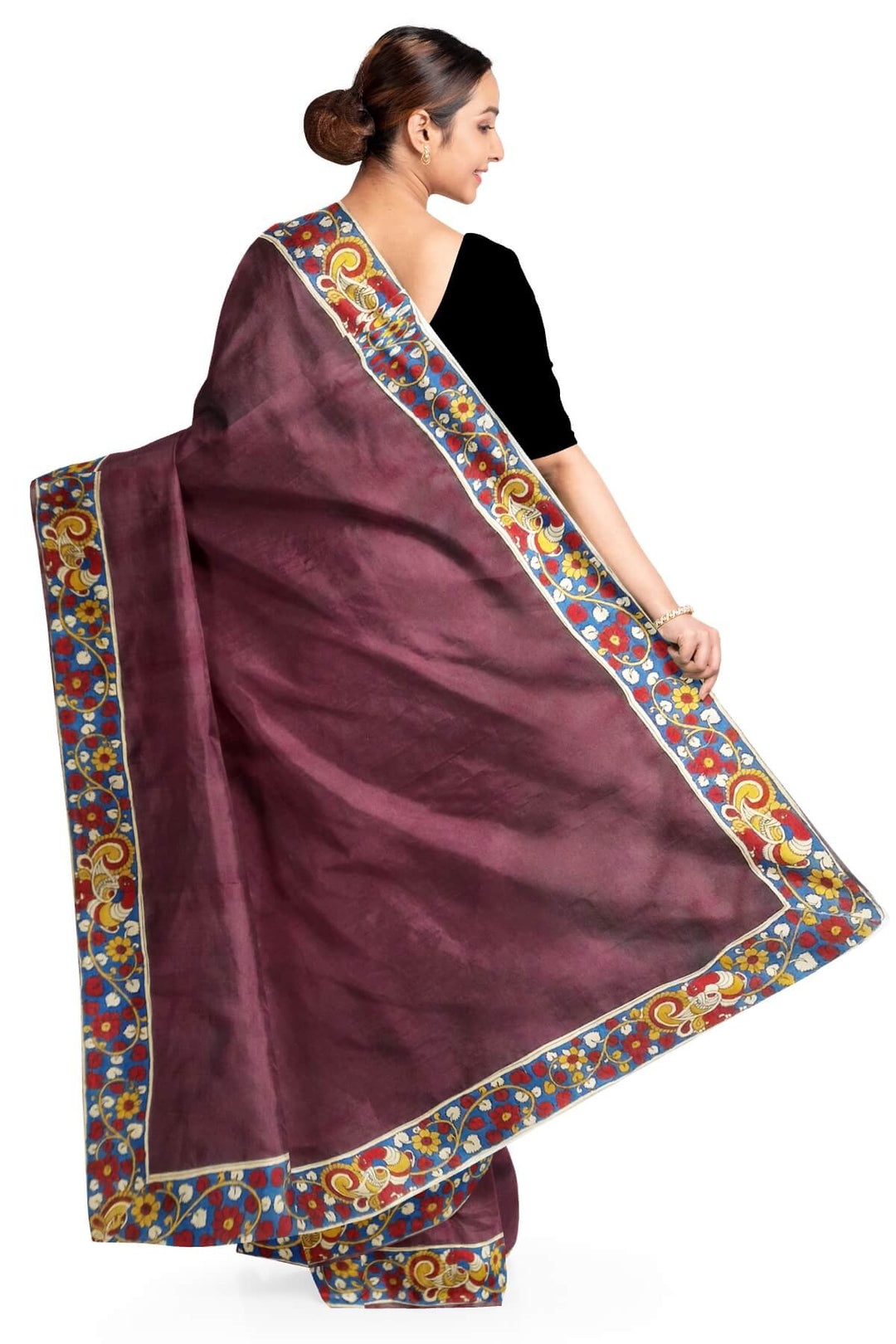 Wine colour pure silk organza saree with hand painted kalamkari border