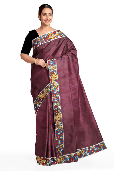 Wine colour pure silk organza saree with hand painted kalamkari border