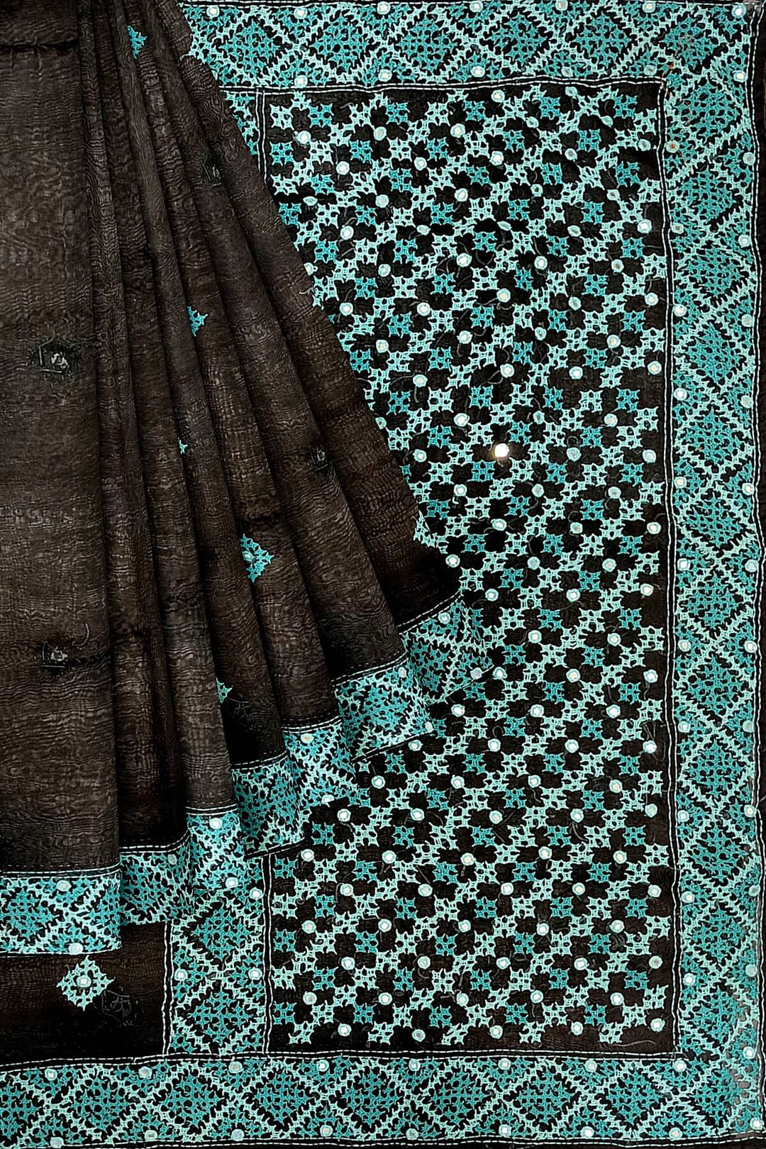 Beautiful silk organza saree in black with kutch work