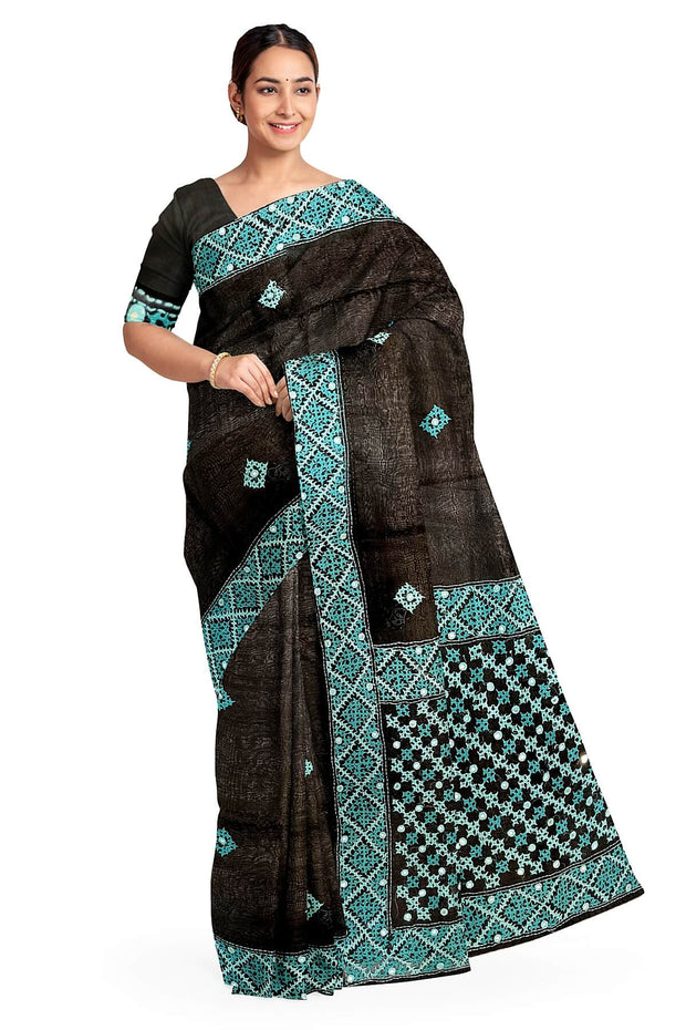 Beautiful silk organza saree in black with kutch work