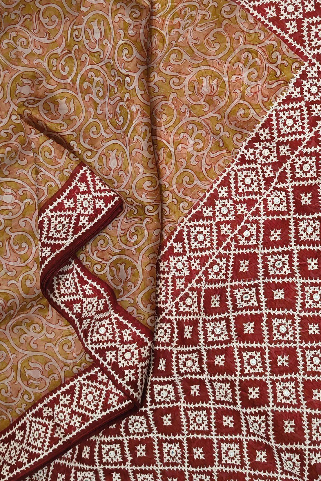 Organza silk saree  in mustard & pink  with kutch embroidery borders & pallu