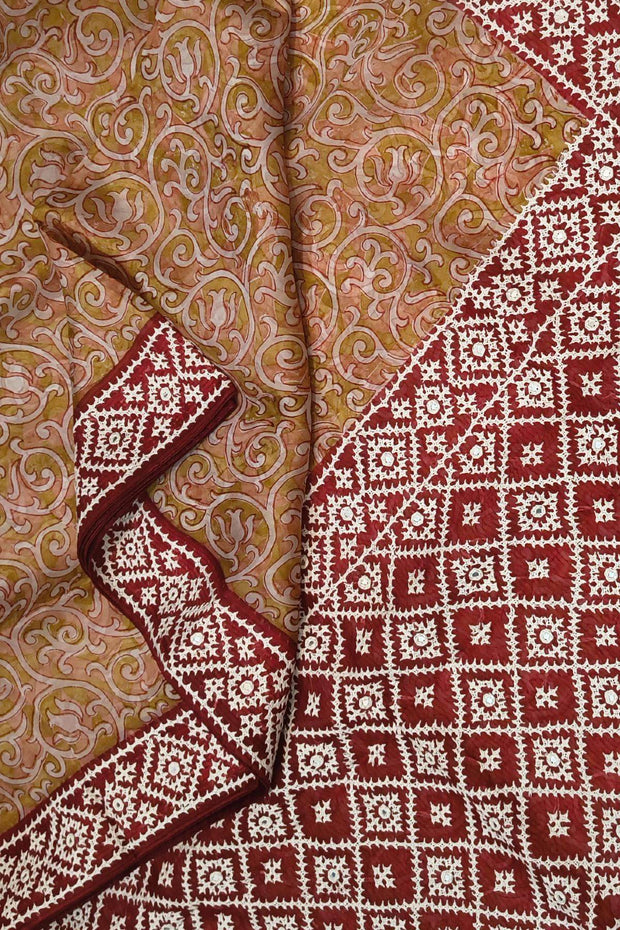 Organza silk saree  in mustard & pink  with kutch embroidery borders & pallu