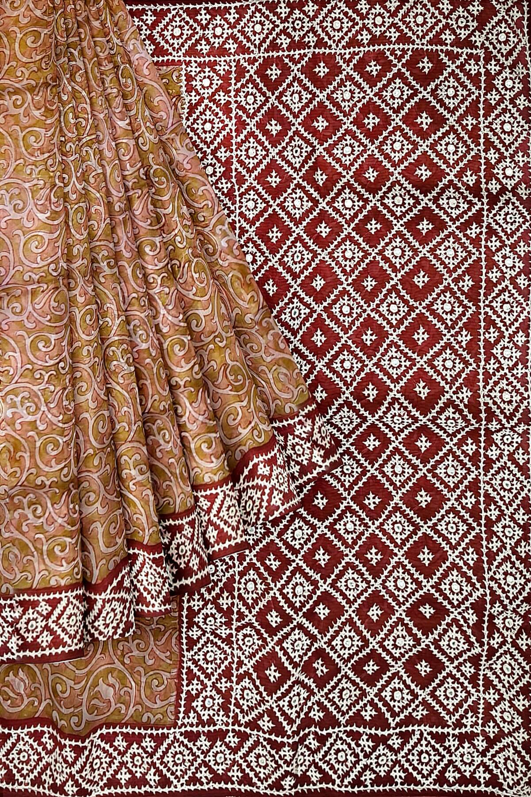 Organza silk saree  in mustard & pink  with kutch embroidery borders & pallu