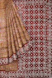 Organza silk saree  in mustard & pink  with kutch embroidery borders & pallu