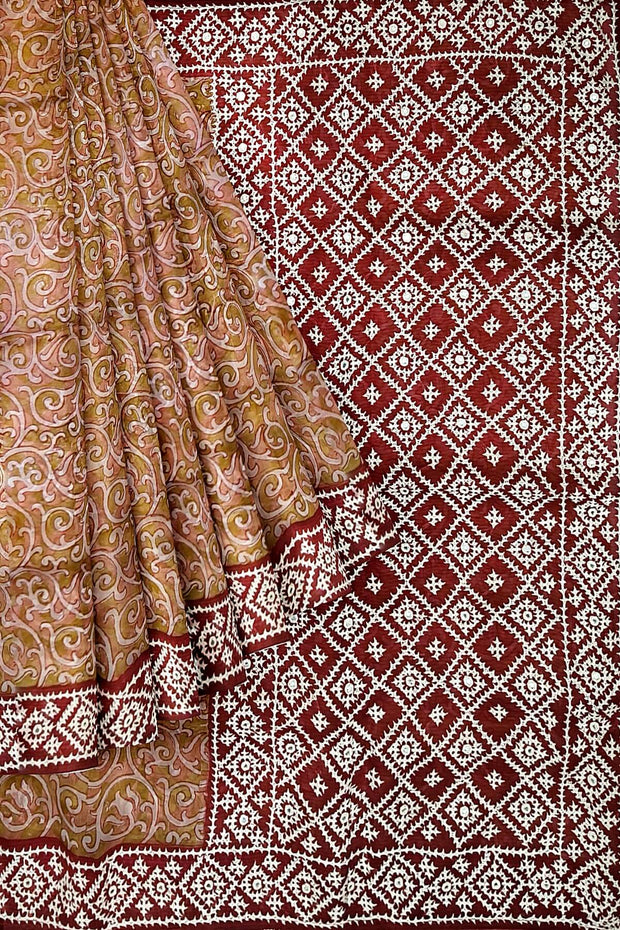 Organza silk saree  in mustard & pink  with kutch embroidery borders & pallu