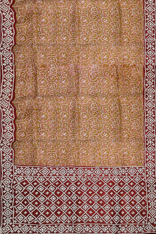 Organza silk saree  in mustard & pink  with kutch embroidery borders & pallu