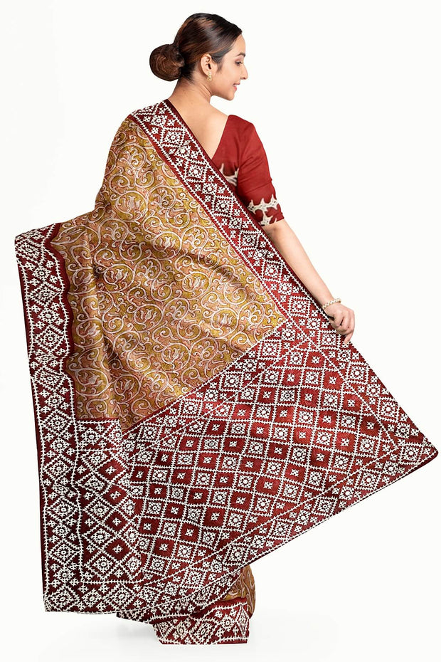 Organza silk saree  in mustard & pink  with kutch embroidery borders & pallu