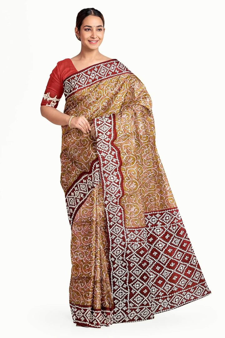 Organza silk saree  in mustard & pink  with kutch embroidery borders & pallu