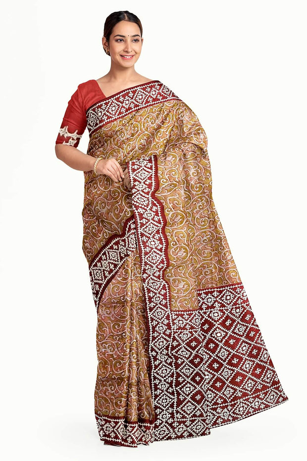 Organza silk saree  in mustard & pink  with kutch embroidery borders & pallu