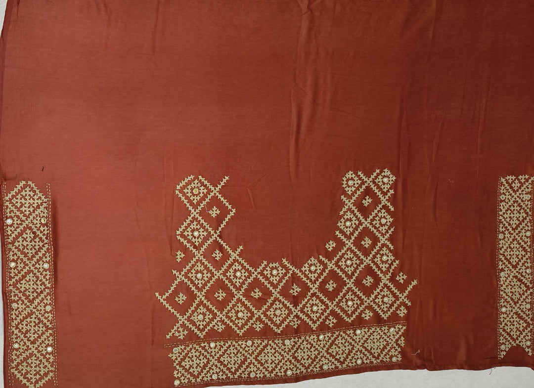 Organza silk saree  in brown with kutch embroidery borders & pallu