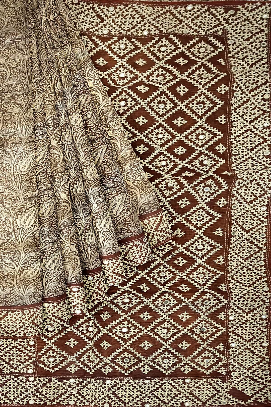 Organza silk saree  in brown with kutch embroidery borders & pallu