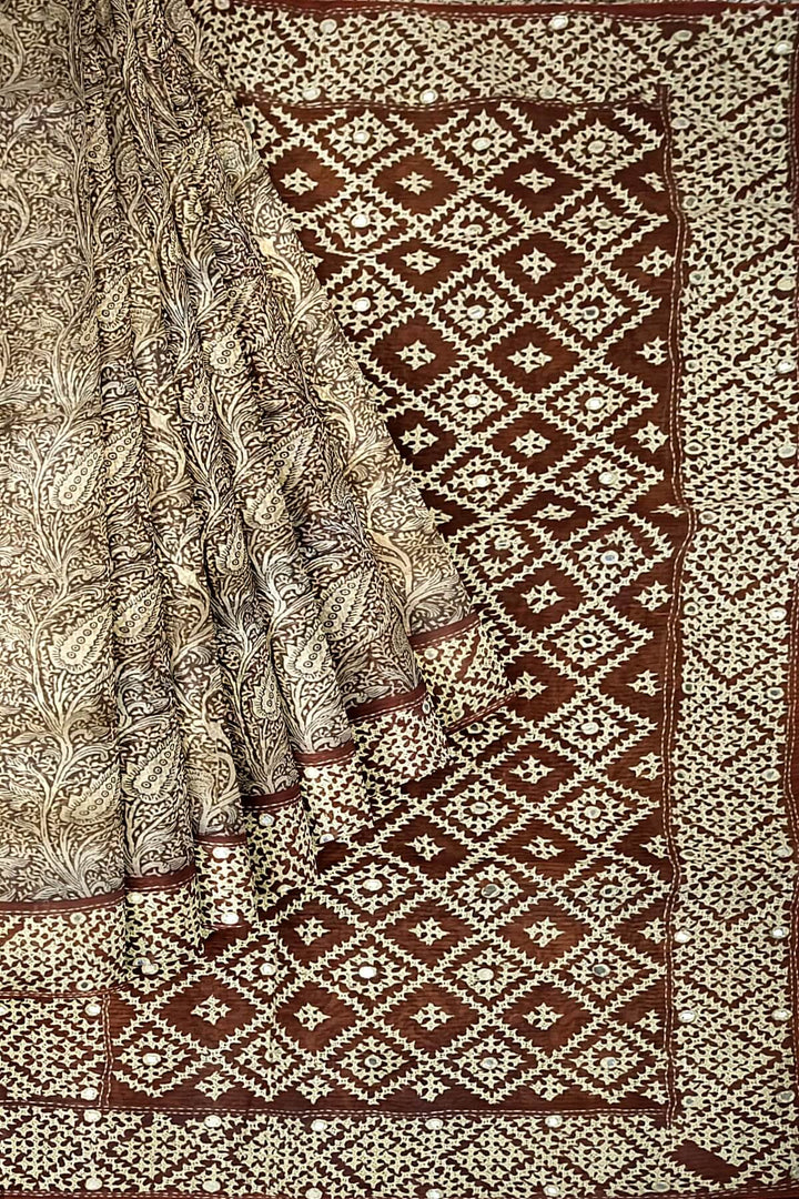 Organza silk saree  in brown with kutch embroidery borders & pallu