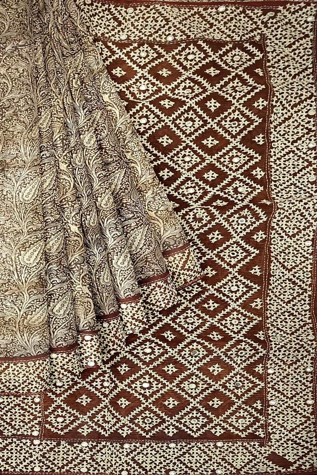 Organza silk saree  in brown with kutch embroidery borders & pallu