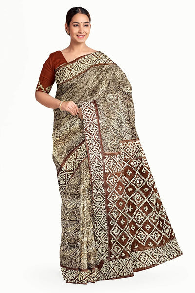 Organza silk saree  in brown with kutch embroidery borders & pallu