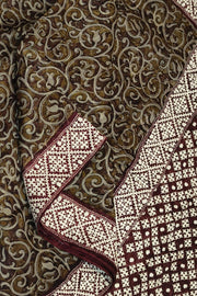 Organza silk saree  in olive green & black with kutch embroidery borders & pallu
