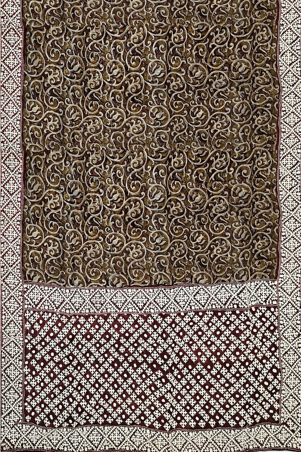 Organza silk saree  in olive green & black with kutch embroidery borders & pallu