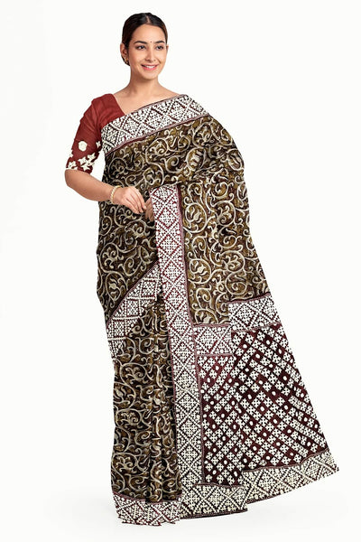 Organza silk saree  in olive green & black with kutch embroidery borders & pallu