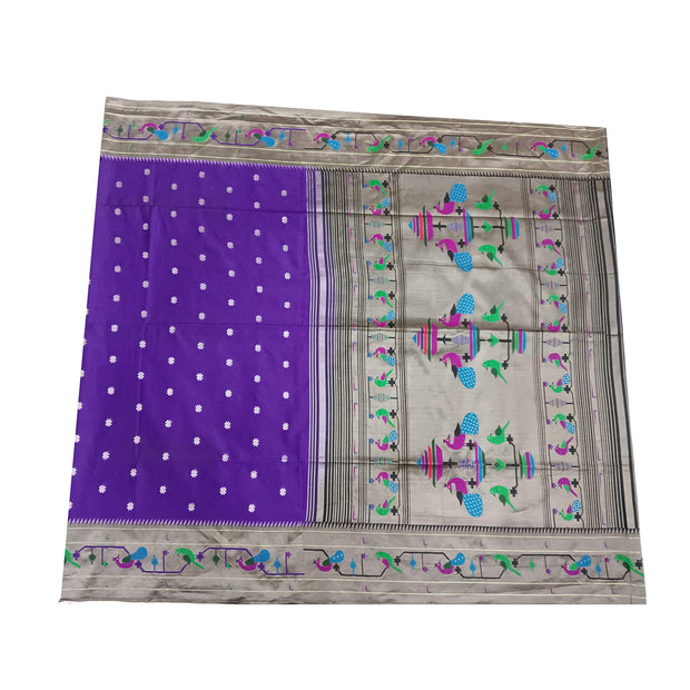 Paithani pure silk saree in violet with small floral motifs all over the body.