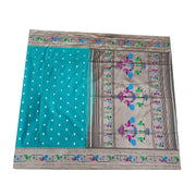 Paithani pure silk saree in teal green with small floral motifs all over the body.