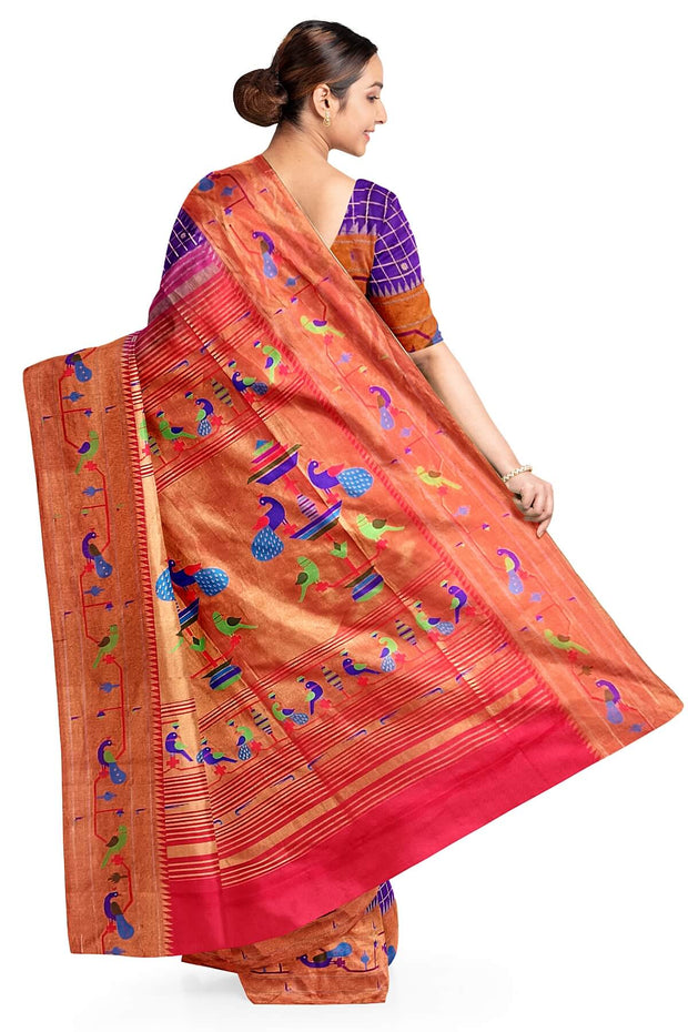 Paithani pure silk saree in purple with fine zari checks and floral motifs on the body.