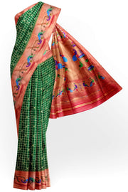 Paithani pure silk saree in bottle green with fine zari checks and floral motifs on the body.