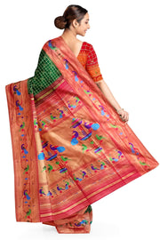 Paithani pure silk saree in bottle green with fine zari checks and floral motifs on the body.