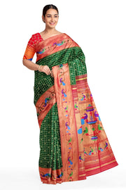 Paithani pure silk saree in bottle green with fine zari checks and floral motifs on the body.