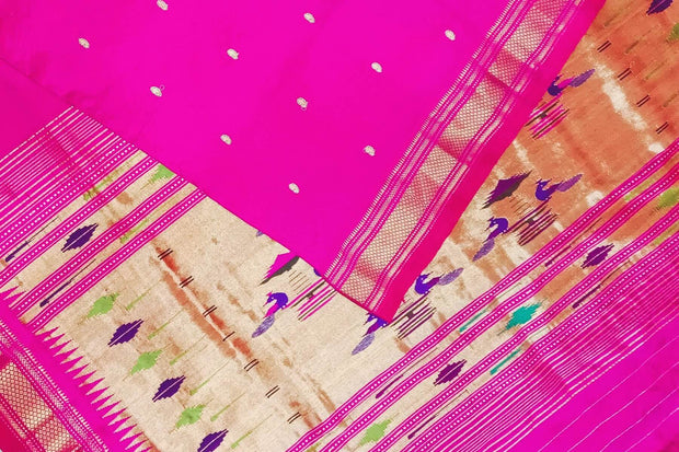 Handwoven Paithani pure silk saree in  pink with small mango motifs on the body