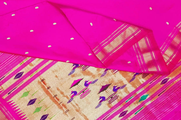 Handwoven Paithani pure silk saree in  pink with small mango motifs on the body