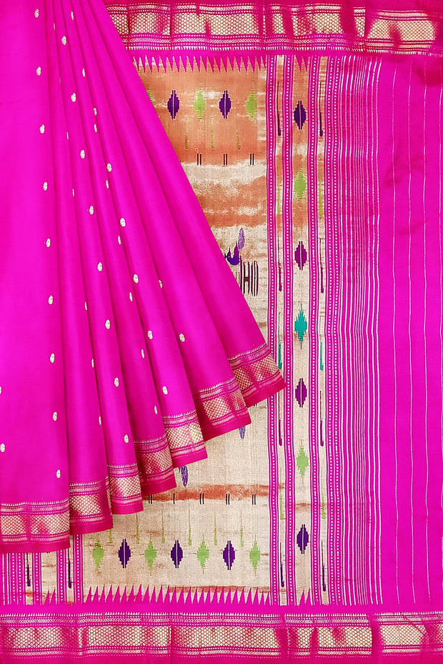 Handwoven Paithani pure silk saree in  pink with small mango motifs on the body