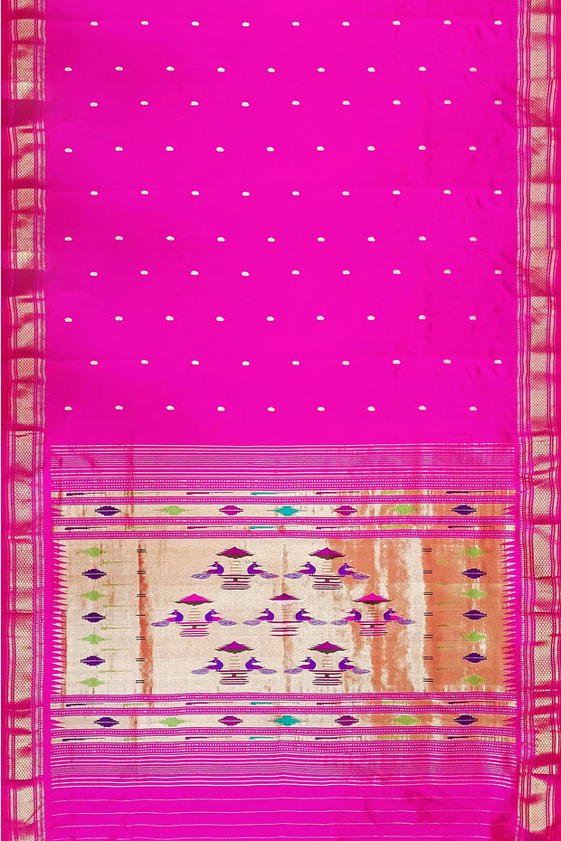 Handwoven Paithani pure silk saree in  pink with small mango motifs on the body