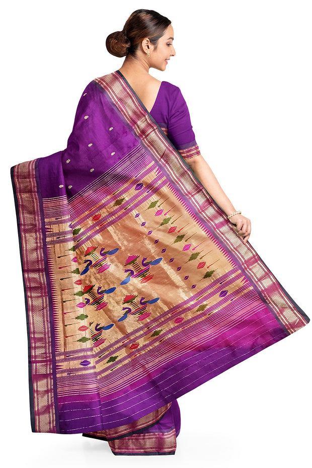 Handwoven Paithani pure silk saree in  purple with small mango motifs on the body
