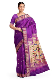 Handwoven Paithani pure silk saree in  purple with small mango motifs on the body