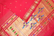 Handwoven Paithani pure silk saree in  red with small mango motifs on the body